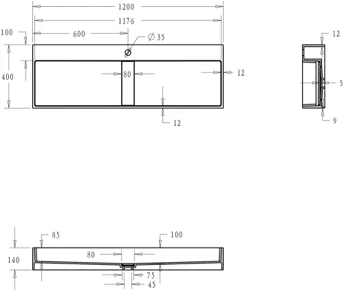 Prostokątna umywalka nablatowa Liniger LNG6028 Biały Mat 120cm - rysunek przedstawia wymiary umywalki nablatowej