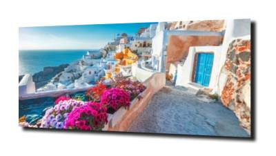 obraz na szkle Uliczki i kwiaty- Santorini 