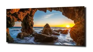 obraz na szkle Skały morze zachód słońca  