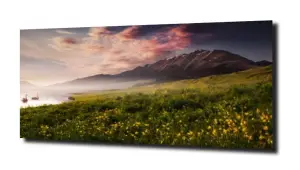 obraz na szkle Łąka nad jeziorem w górach 