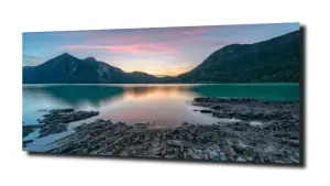 obraz na szkle Jezioro góry zachód słońca 