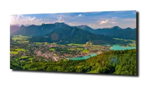 obraz na szkle Miasto jezioro góry  