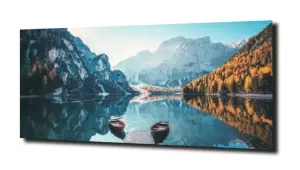 obraz na szkle Jezioro góry łódki  