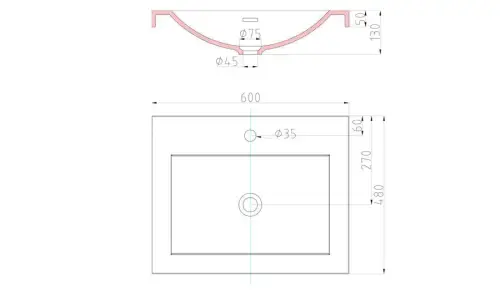 Umywalka naszafkowa prostokątna konglomerat - specyfikacja techniczna 2