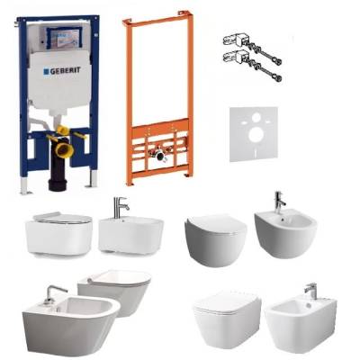 Kompletny zestaw (ceramika do wyboru) serii Tornado: misa WC, bidet oraz stelaże podtynkowe Geberit UP320 SLIM