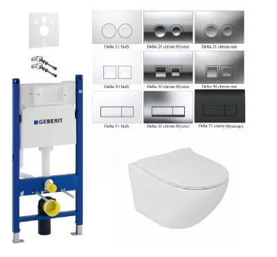 Zestaw podtynkowy Geberit UP100 7w1: misa Clarisa WC serii Rimless, stelaż, deska wolnoopadająca slim, przycisk, wsporniki dystansowe, mata oraz przekładka akustyczna 