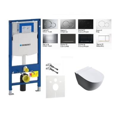 Zestaw podtynkowy Geberit Duofix (UP320) 7w1: misa CLARISA WC serii Rimless, stelaż, przycisk do stelaża opcjonalnie, deska wolnoopadająca slim, przekładka akustyczna, wsporniki dystansowe oraz kompletny zestaw instalacyjny