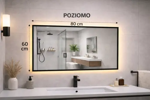 prostokątne lustro LED z czarna rama