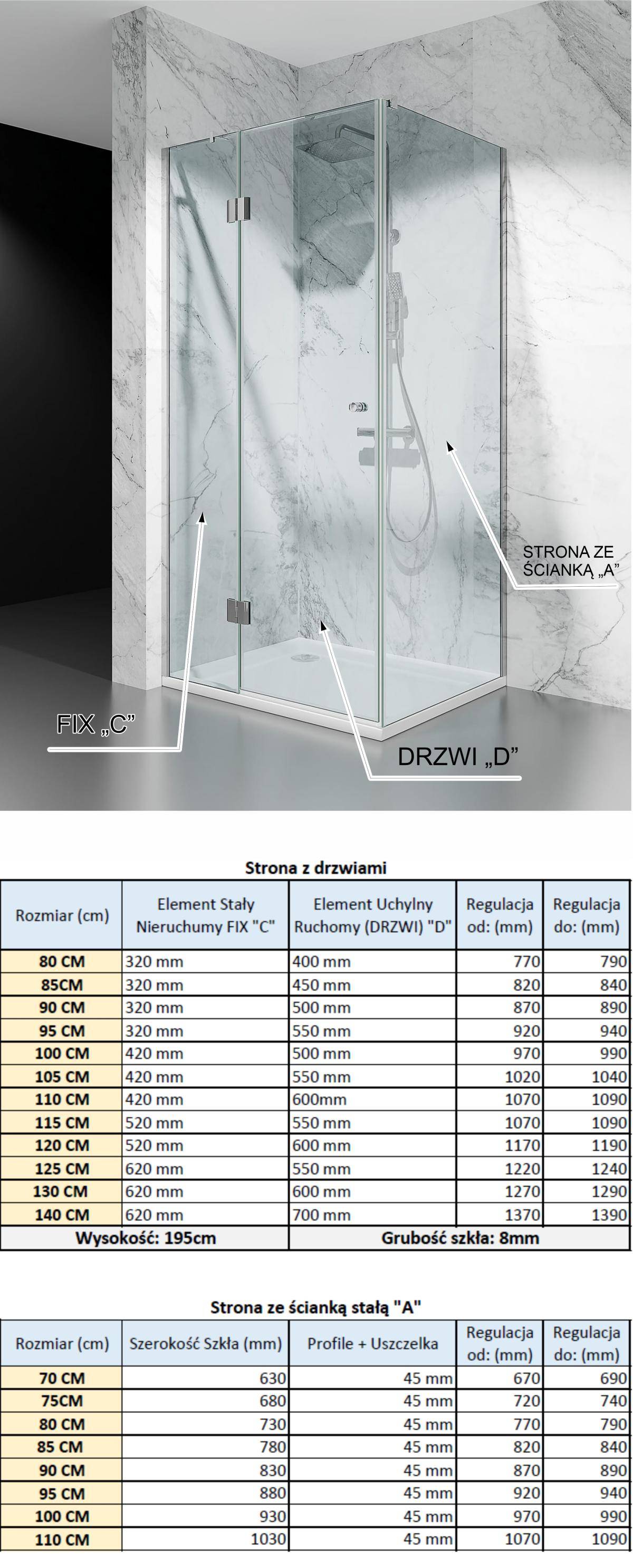 tabele regulacji kabiny prysznicowej uchylnej DV8000